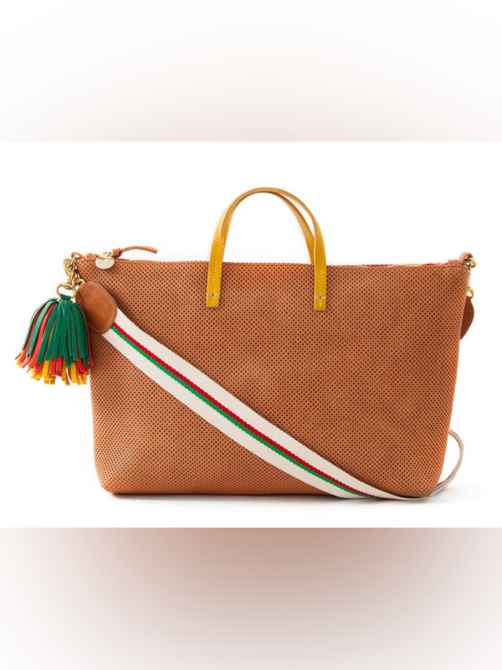 Clare V Supreme Tote -Tan Perforated Tote with Striped Strap